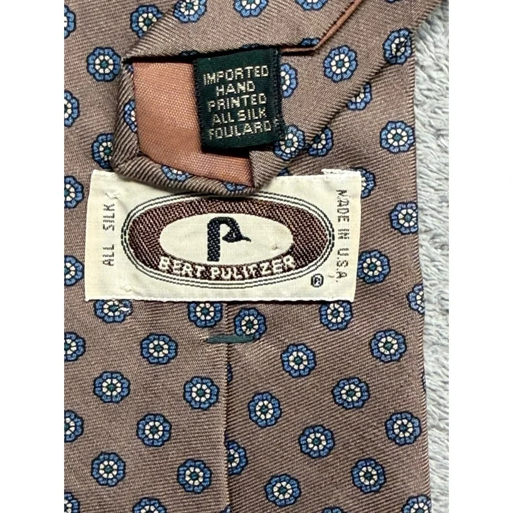 Bert Pulitzer Silk Tie Lot 2 Vintage Foulard Geometric Tan Green Made in USA